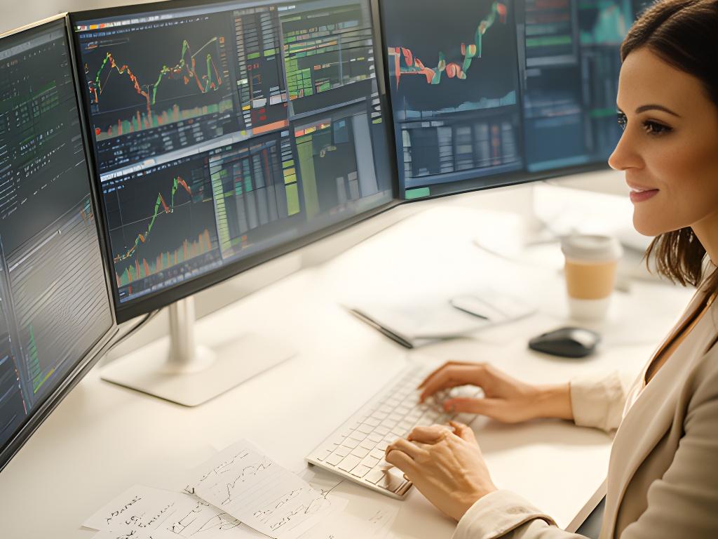 Traderin an einem hellen Arbeitsplatz mit mehreren Monitoren und Notizen zur Marktanalyse