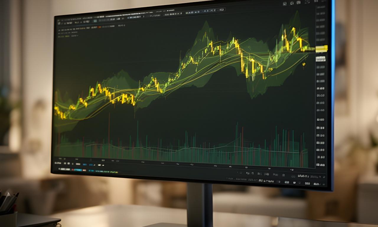 Abstrakte Trading-Charts auf einem großen Monitor in einem ruhigen Lernraum mit sanftem Licht