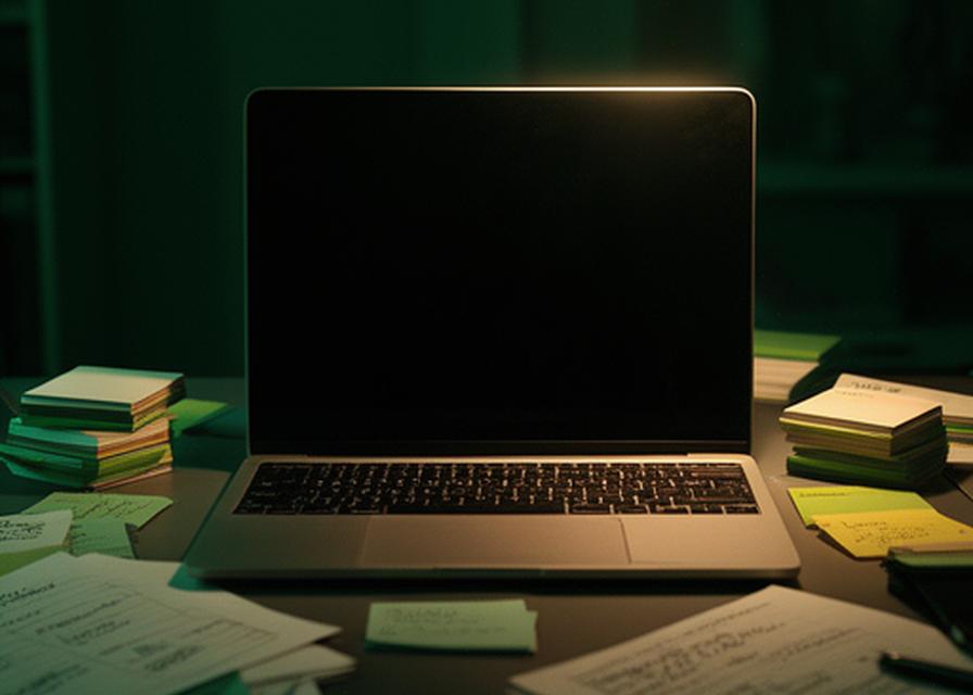 Arbeitstisch mit Trading-Notizen, Laptop und gedämpftem Licht in einem ruhigen Arbeitszimmer