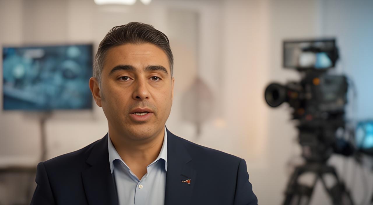 Mertay Bayrami spricht in einem ruhigen Studio vor einer Kamera über seinen Lernfortschritt im Trading