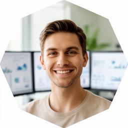 Lena Mayr lächelt in einem hellen Büro mit Monitoren und Marktcharts