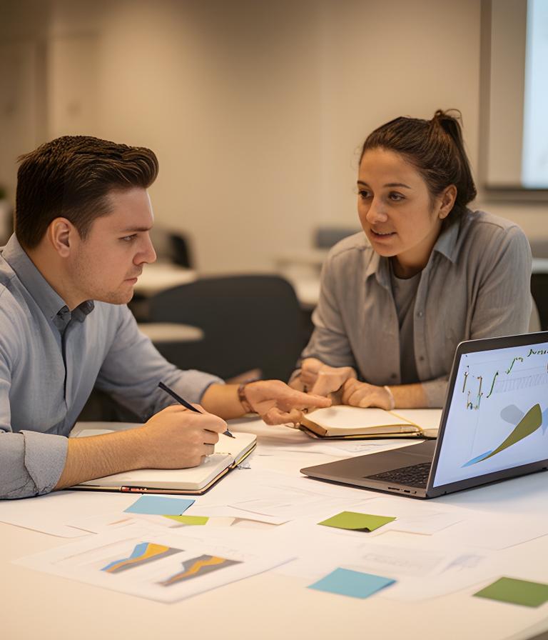 Zwei Dozenten von Adler Handel GmbH besprechen Handelspläne an einem Tisch mit Notizen und Laptop