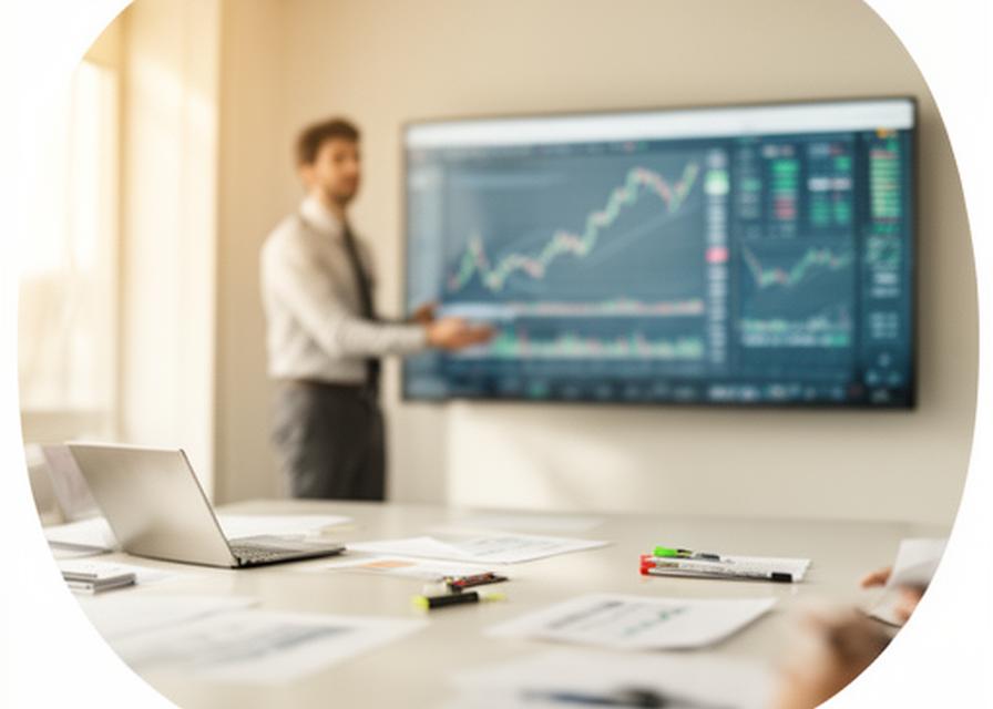 Dozent erklärt Trading-Setup an einer Tafel mit Kursgrafiken in einem hellen Seminarraum