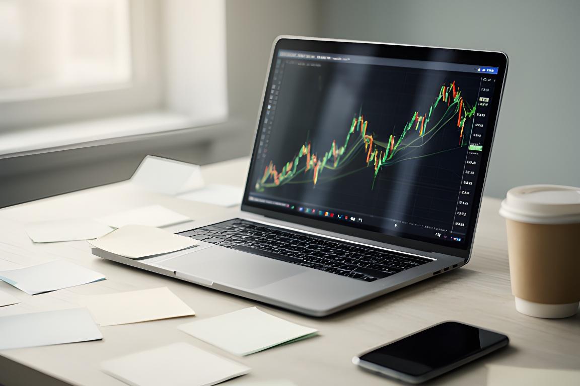 Trader-Arbeitsplatz mit Notebook, Kurschart und Notizen auf einem hellen Schreibtisch