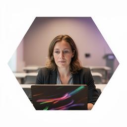 Sarah Klein arbeitet konzentriert an einem Laptop in einem ruhigen Seminarraum